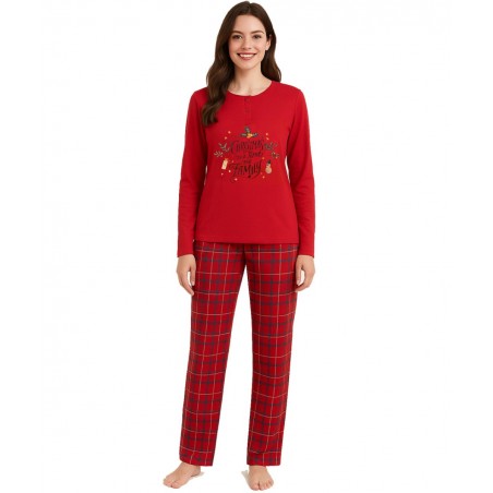 JOIN Χριστουγεννιάτικη Γυναικεία Πυζάμα Family με Φλις Εσωτερικά Βαμβάκι Κόκκινο