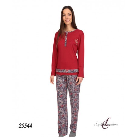 LYDIA CREATIONS ΣΕΤ Γυναικεία Πυτζάμα Normal Fit Πολυέστερας- Βαμβάκι Σκουρο Κοκκινο