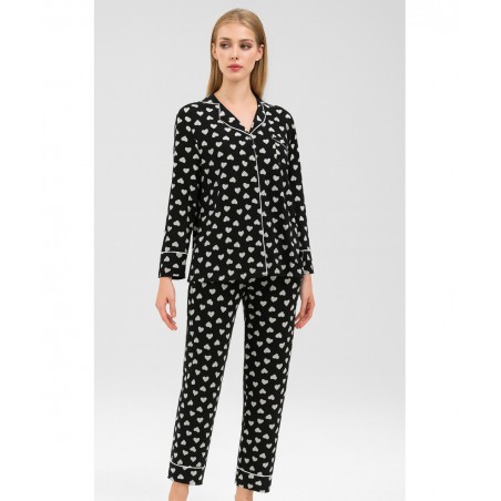 KARINA Σετ Γυναικεία Πυτζάμα Κουμπωτή Καρδούλες Ααπρο