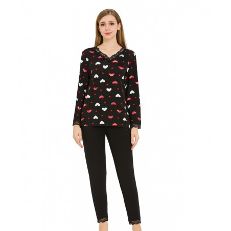 FUANNA Σετ Γυναικεία Χειμωνιάτικη Πυζάμα Hearts Μαύρο