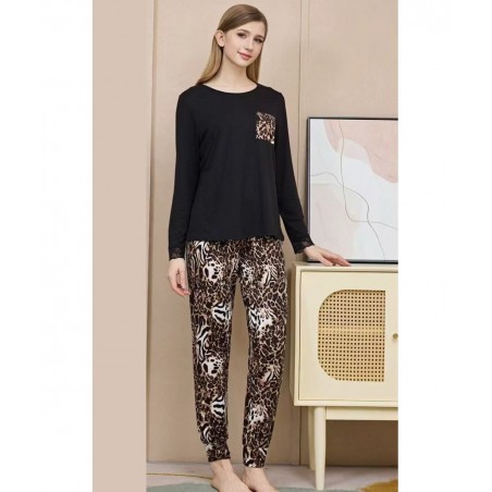 FUANNA Σετ Γυναικεία Χειμωνιάτικη Πυζάμα Animal Παντελόνι Μαύρο