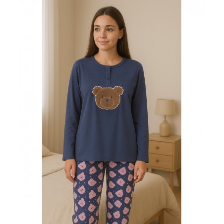 COOL Γυναικεία Χειμερινή Πυτζάμα με Μακρύ Μανίκι με Σχέδιο Αρκουδάκι Μπλε Βιολε