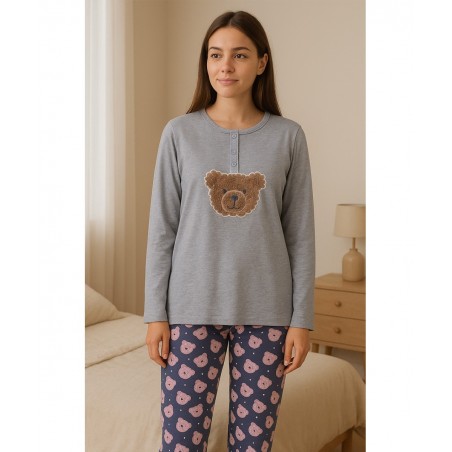COOL Γυναικεία Χειμερινή Πυτζάμα με Μακρύ Μανίκι με Σχέδιο Αρκουδάκι Γκρι