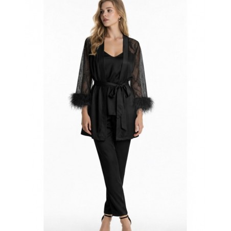 COOTAIYA Σετ Σατέν Πυτζάμας με Φανελάκι - Παντελόνι -Ρόμπα - Μαύρο