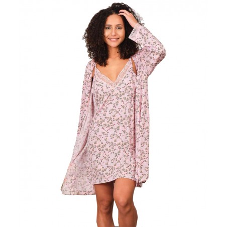 COOL Γυναικείο Σετ Νυχτικό με Ρόμπα Floral Bισκόζ Ροζ
