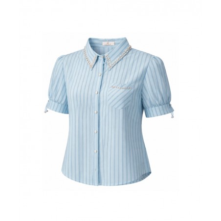JOIN Γυναικείο Ριγέ Πουκάμισο Στρας CH8393-2 Σι΄ελ